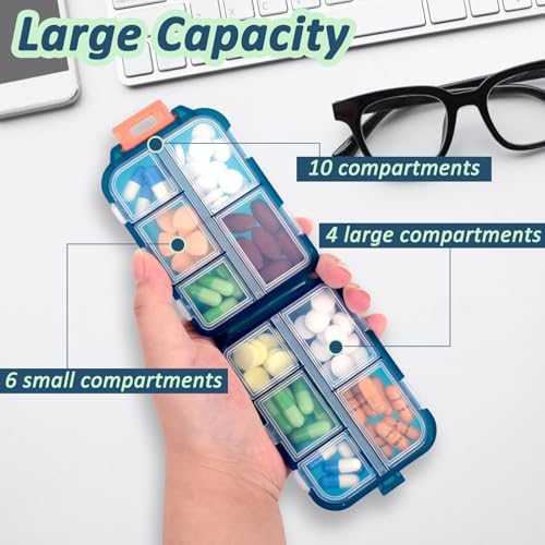 2 Pack Pill Organizer Travel Case - 10 Compartments Portable Medicine Container with 330 Labels, Double Lock Design (Blue & Chocolate, 2 Boxes)