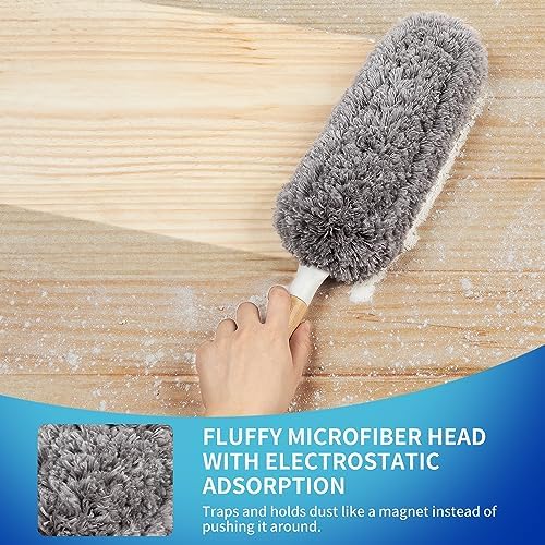 MR.SIGA Lint Free Microfiber Duster, Washable and Reusable Duster with Bamboo Handle and Replaceable Head, Duster for Household Cleaning