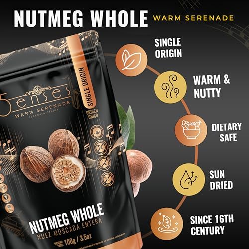 5Senses Nutmeg Whole | Nutmeg-in-the-Shell | Nuez moscada en cáscara | Warm Serenade | Single Origin, Non-GMO, Fairtrade, Premium Whole Nutmeg, Kosher, Plastic Neutral, Handpicked from Munnar, Western Ghats, India (3.5oz/100g)