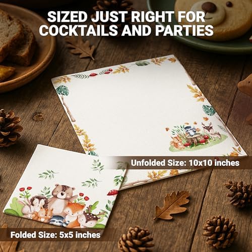 Decorably 3-Ply 100 Pack Disposable Cocktail Woodland Baby Napkins - 5x5in 4 Forest Animals Designs Folded Square, for Beverage, Appetizers, Dinner, Tea & Garden Party, Birthday, Wedding, Baby Shower