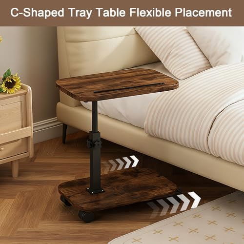 Adjustable Height TV Tray Table with Wheels, C Shaped End Side Table & Phone Tablet Slot, Swivel Snack Stand for Couch, Sofa, Bed,Living Room, Laptop Use in Small Spaces (Rustic Brown)