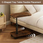 Adjustable Height TV Tray Table with Wheels, C Shaped End Side Table & Phone Tablet Slot, Swivel Snack Stand for Couch, Sofa, Bed,Living Room, Laptop Use in Small Spaces (Rustic Brown)