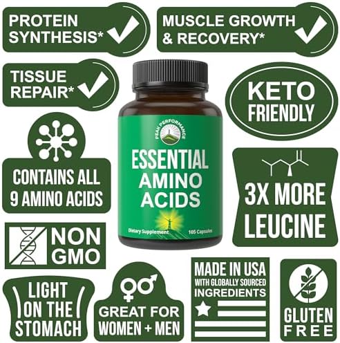 All 9 Essential Amino Acids Supplement. Capsules with 3X More Leucine for Muscle Recovery, Growth. EAA Supplement Better Than BCAA / BCAAS Branched Chain Aminos Acid. USA Tested EAAs for Men + Women