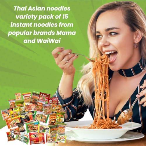 HCG Thai Ramen Noodles Variety Pack with Mama Soup and Wai Wai Quick Instant Noodle, Pack of 15 with chopsticks, 18 Piece Set
