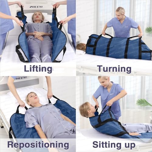 Positioning Bed Pad with Reinforced Handles 43" x 36" Patient Transfer Sheet Aid Assistant for Body Lifting, Turning, Repositioning, for Elderly, Incontinence, Caregiver, Navy Blue