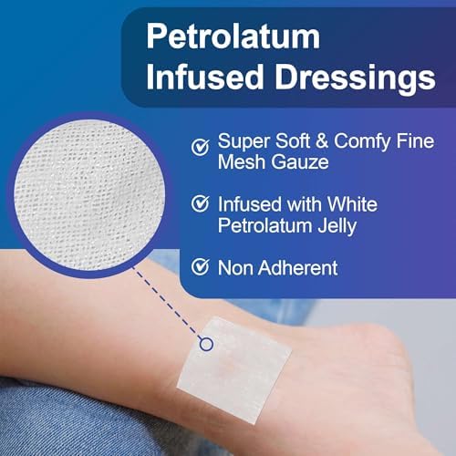 Petrolatum Gauze Non Adherent Dressings 3x9, 12 Pack Box, Fine Mesh Gauze Wound Dressing Infused with White Petroleum Jelly for Exuding Wounds, Burns - Latex Free Occlusive Bandages