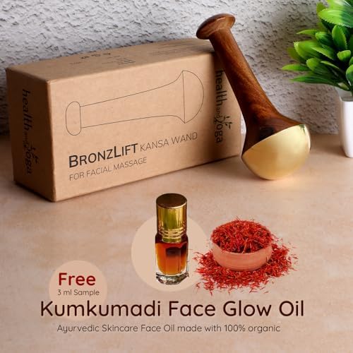 SoulGenie HealthAndYoga™ BronzLift Kansa Face Massager and Kumkumadi Face Oil Trial Vial - Kansa Wand Ayurveda Benefits of Bronze - Skin Lustre (Single Dome)