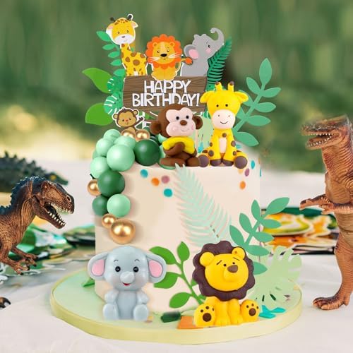 36 Pcs Safari Cake Topper Leaves Cake Decorations Elephant Birthday Cake Toppers Jungle Animals Cakes Toppers Woodland Animal Tiger Lion for Party Baby Shower Birthday Supplies