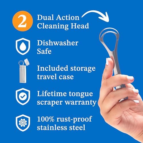 BASIC CONCEPTS Tongue Scraper for Adults (2 Pack), Reduce Bad Breath (Travel Cases Included), Stainless Steel Tongue Cleaners, 100% Metal Tongue Scraper with Case Fresh Breath Tongue Cleaner Oral