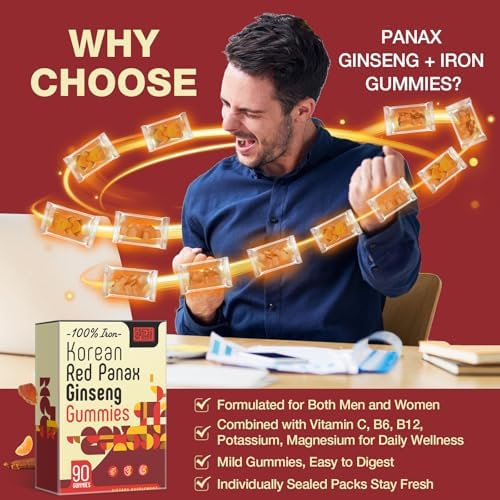 Sapotax Korean Red Panax Ginseng Supplement Gummies - Iron Supplements for Women & Men - Iron Gummies with Vitamin C, B6, B12, Potassium & Magnesium, Vegan - 90 Count