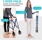 Stander Space Saver Walker, Lightweight Folding Rolling Mobility Aid for Seniors & Adults, Compact 2-Wheel Disability Device with 6-inch Wheels & Ski Glides for Walking Support, Cobalt Blue