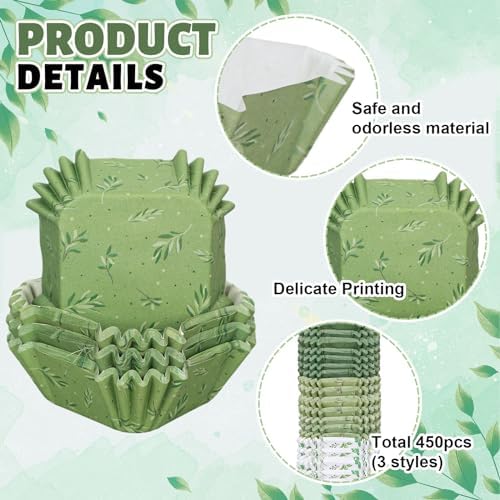 Whaline 450Pcs Greenery Mini Square Cupcake Liners Eucalyptus Olive Leaf Cupcake Wrappers Green Leaves Muffin Baking Cup for Wedding Bridal Baby Shower Birthday Party Decor