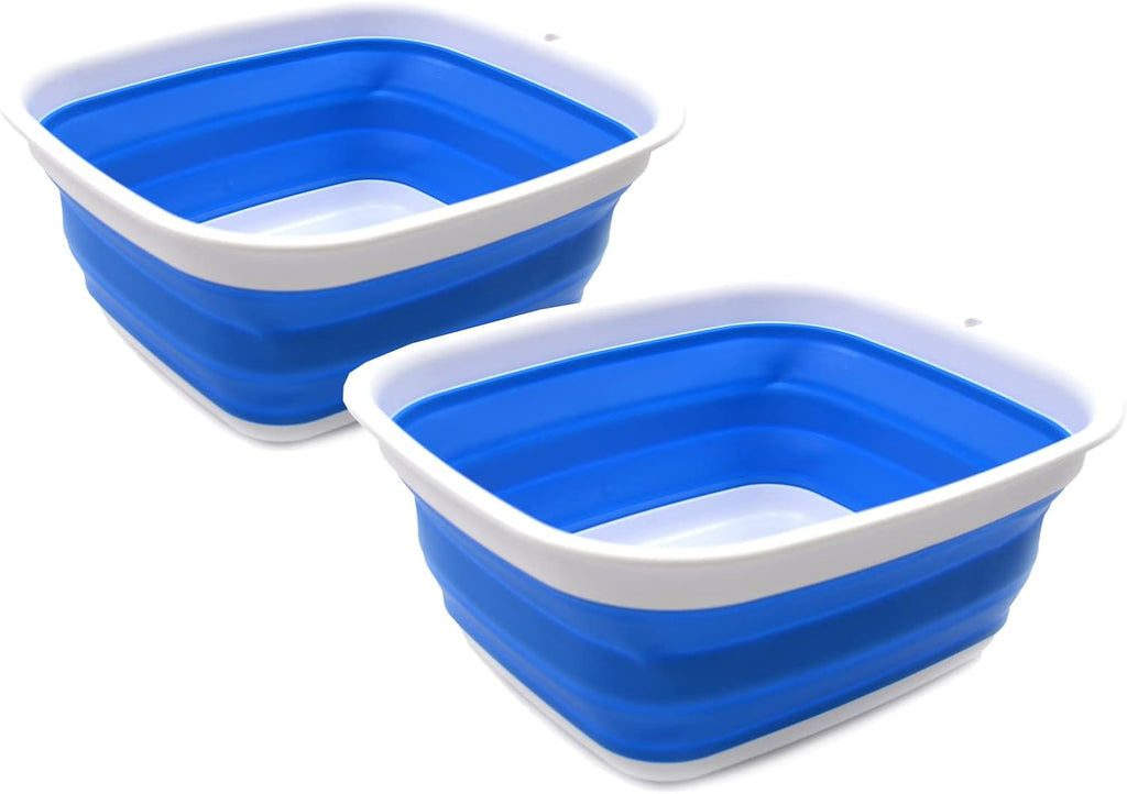 SAMMART Set of 2-7.7L (2 Gallon) Collapsible Tub - Foldable Dish Tub - Portable Washing Basin - Space Saving Plastic Washtub (2, Blue)