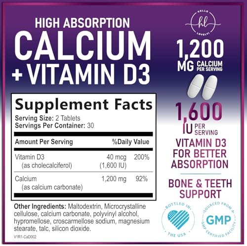 Calcium 1200 mg per Serving with Vitamin D3 - Bone Health Support Supplement, Calcium Supplements for Women & Men - Bone Strength, Teeth, Immune Support, Calcium Carbonate, USA Bottled - 60 Tablets