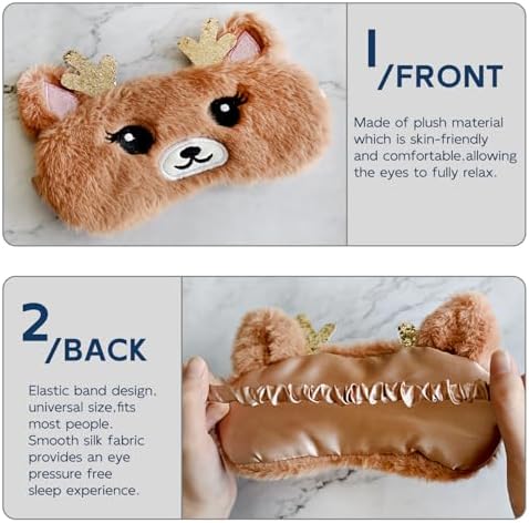Cute Animal Sleeping Mask Sleep Mask, Xmas Reindeer Soft Plush Eye Mask for Travel Nap Funny Rudolph Blindfold Eye Cover Eyeshade for Adult Kids Girls Teens Men Women - Reindeer, Gold & Brown
