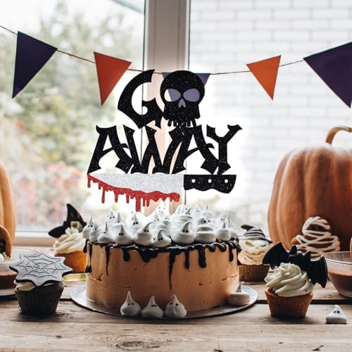 Black Glitter Go Away Cake Topper, Have A Killer Birthday/Happy Halloween/I Put A Spell on You, Halloween Themed Bairthday Party Decorations Supplies