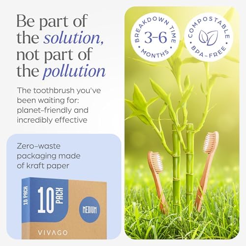 VIVAGO Bamboo Toothbrushes Medium Bristles 30 Pack - BPA Free Medium Bristles Toothbrushes for Adults - Eco-Friendly, Natural Wooden Toothbrush