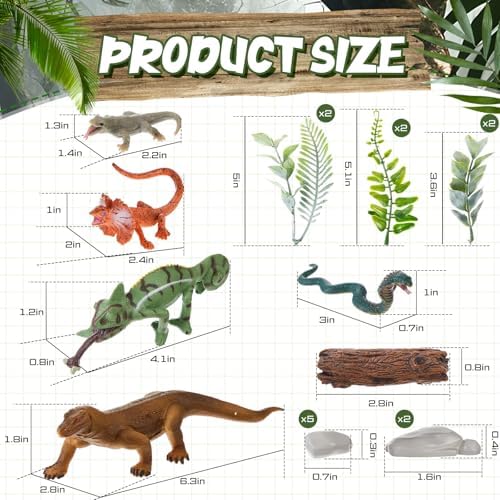 Simgoing 19 Pcs Reptile Cake Toppers Safari Animals Cake Decorations Artificial Lizard Snake Model Leaf Stone Tree Stump Set Reptile Party Decoration for Birthday Baby Shower Theme Party Supplies