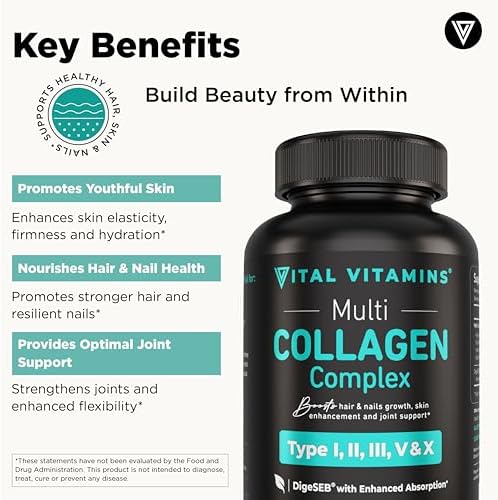 Vital Vitamins Multi Collagen Capsules - Type I, II, III, V, X - Grass-Fed, Collagen Peptides Supplements, Non-GMO - for Men & Women - 150 Count