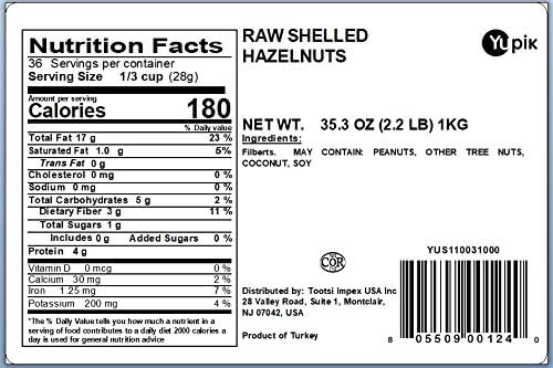 Yupik Raw Hazelnuts, 2.2 lb (35.2 oz), Gluten-Free, Kosher, Filberts, Whole Nuts With Skin, Unsalted, Unroasted, Oil-Free, Source of Fiber & Iron, Healthy Snacks, Ideal for Baking & Cooking