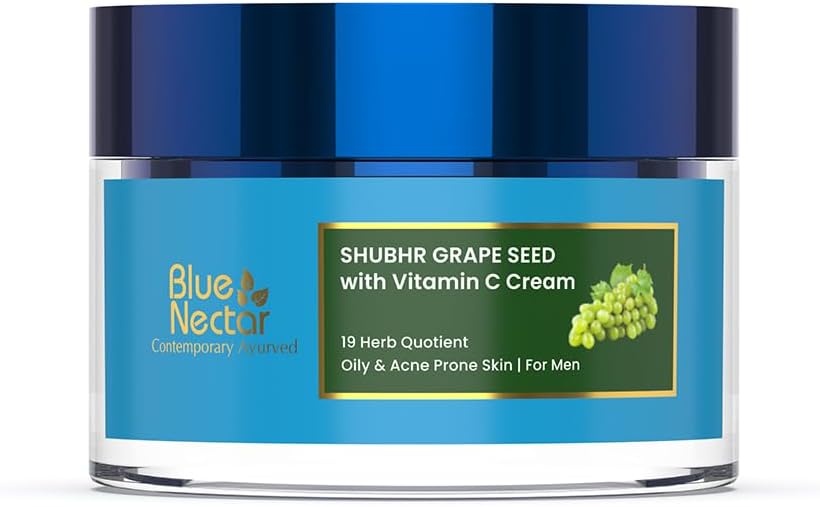 Blue Nectar Vitamin C Face Moisturizer for Oily & Acne Prone Skin with Grapeseed | Oil-Free | Non-Greasy Cream for Men (19 herbs, 1.76 fl oz)