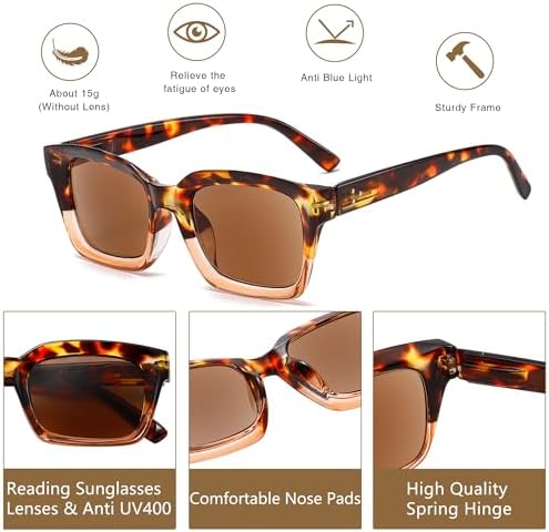 3 Pack Reader Sunglasses Square Reading Sunglasses Women Spring Hinge Stylis Ladies Full Lens UV400 Outdoor