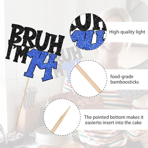 1 PCS Bruh I'm 14 Cake Topper Glitter Happy 14th Birthday Cake Pick Bro I'm 14 Cake Decoration It's My 14th Birthday Decorations for Cheers to 14 Years Old Birthday Anniversary Party Supplies Blue