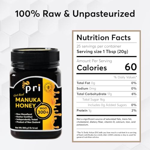 P.R.I Manuka Honey MGO 300+, Elevated‑Potency Monofloral New Zealand Honey, Cool‑Processed & 100% Traceable (500g/1.1lb)