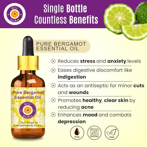 Deve Herbes Pure Bergamot Essential Oil (Citrus bergamia) with Glass Dropper Natural Therapeutic Grade Steam Distilled 15ml (0.50 oz)
