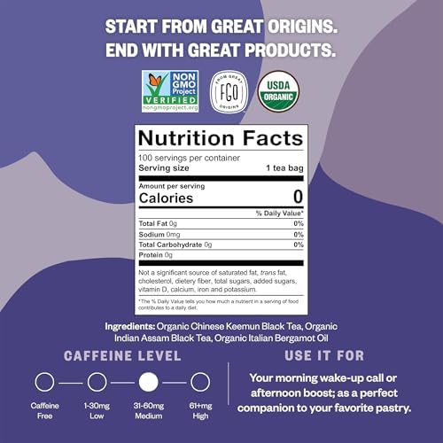 FGO Organic Earl Grey Black Tea, 100 Count, Eco-Conscious Tea Bags, Resealable Bag, Packaging May Vary (Pack of 1)