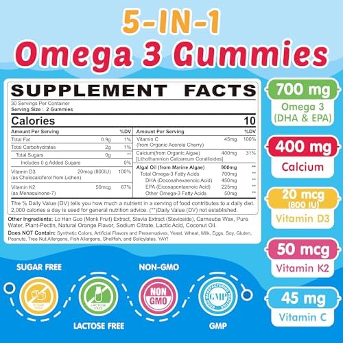 Kids Omega 3 Gummies + Calcium 400mg + Vitamin D3 K2 + C, Omega-3 DHA & EPA Supplement - No Fish Burps, No Sugar - Kids & Teens Omḛga 3 + Multivitamin Gummy for Strong Bones, Brain, Immune, Eye, 2Pack