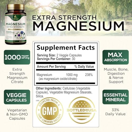 Magnesium Citrate 1000mg Per Serving - Extra Strength Magnesium for Bone, Muscle, Nerves & Heart Health Support, Natural Magnesium Supplement for Calm & Whole Body Support, USA Bottled - 60 Capsules