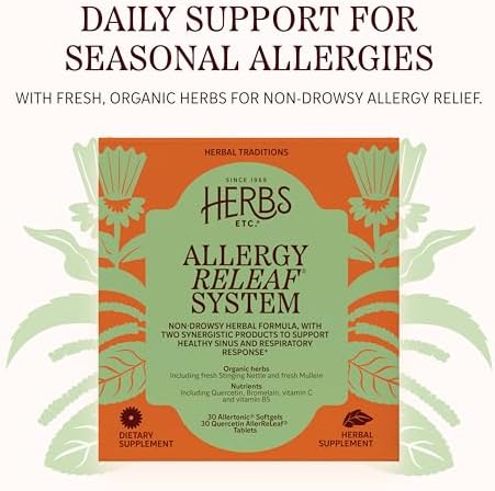 Herbs Etc. Allergy ReLeaf System - Natural Allergy Support for Overall Seasonal Comfort - Non-Drowsy Formula - Fresh Mullein & Organic Eyebright - 30 Count (30 Servings)