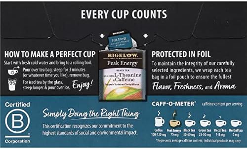 Bigelow Tea Peak Energy plus extra L-Theanine & Caffeine, 18 Count (Pack of 6), 108 Total Tea Bags