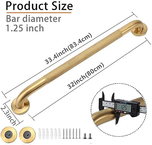 Shower Grab Bar, 2 Pack 32 Inch Gold Bathroom Grab Bar, 1.25" Diameter 304 Stainless Steel Anti-Slip Grab Bars for Bathtubs and Showers, Handicap Shower Grab Bar for Seniors Elderly