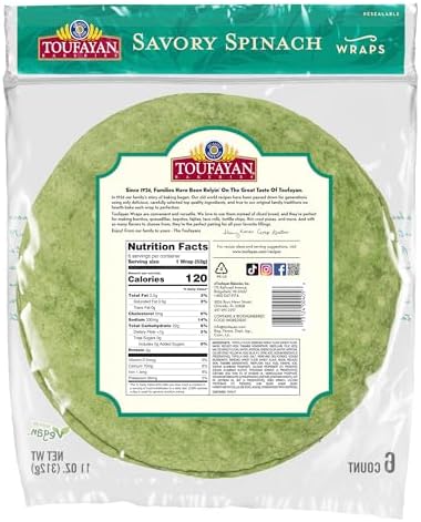 Toufayan Spinach Tortilla Wraps – 3 Pack, 18 Total (9” Wraps) | Soft, Pliable, Vegan, Kosher | Perfect for Sandwiches, Burritos & Meal Prep