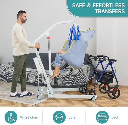 ELENKER Electric Patient Lift, Electric Patient Lift for Home use or car Travel, Battery Powered with Low Base, 400lb Weight Capacity with Medium U-Sling, Adjustable Patient Lift with Sling, Blue.