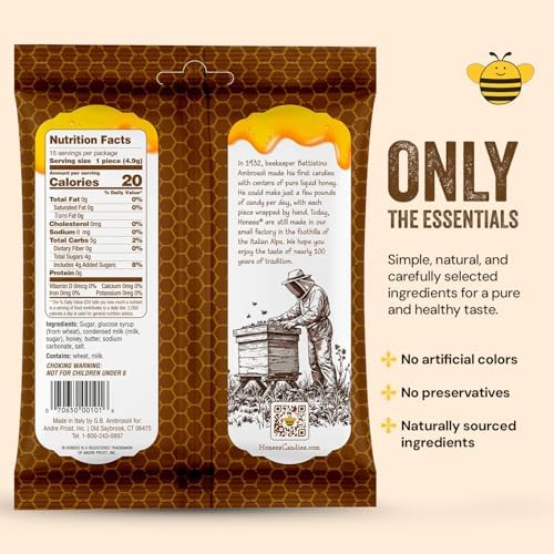 Honees Honey Caramels Hard Candy Individually Wrapped | Natural & Healthy Candy, Italian Made with Milk & Pure Honey, 1 Pack (2.85 oz)