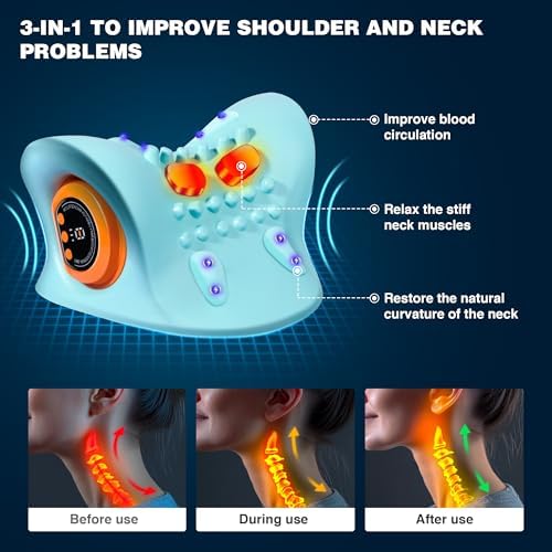 Neck Massager, Neck and Shoulder Relaxer with Heat, 3 Modes, Portable Pillows for Pain Relief and Muscle Relax, 26° Angle Cervical Traction Device for Back, Shoulder