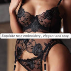 Women Sexy Lace Floral Embroidery Garter Lingerie Set 3 Piece Push Up Underwire Mesh Bra and Panty Babydoll Outfit