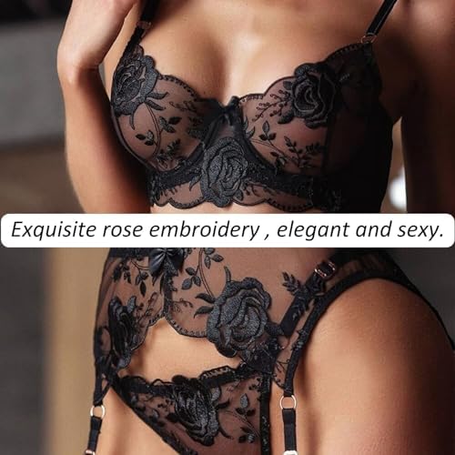 Women Sexy Lace Floral Embroidery Garter Lingerie Set 3 Piece Push Up Underwire Mesh Bra and Panty Babydoll Outfit