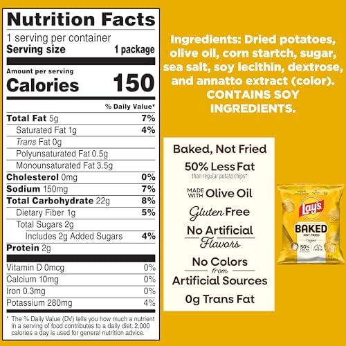 Baked Lay’s Potato Chips, Original, 1.125 oz Bags, (64 Pack), 50% Less Fat, Gluten Free, No Artificial Flavors, No Colors from Artificial Sources