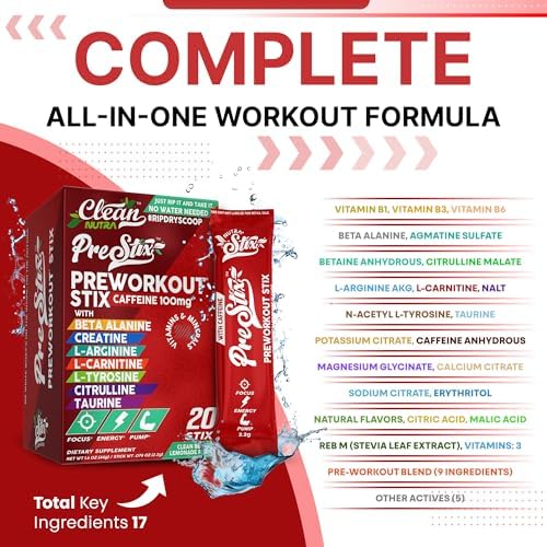 Clean Nutraceuticals Pre Workout Powder Energy Sticks - Caffeine 100mg, Energy Drink Mix, Creatine Monohydrate, Beta Alanine, L-Citrulline, L-Tyrosine, L-Carnitine, Electrolyte Hydration Packets 20 Ct