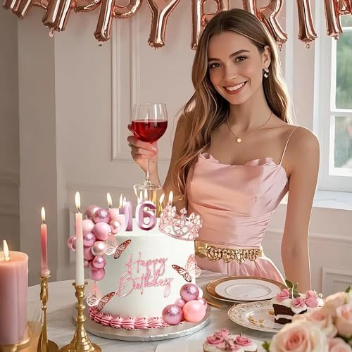 16th Birthday Cake Topper Set, Rose Gold Balls Cake Toppers with Happy Birthday Crown Tiara, Numeral 16 Candle and Birthday Candles for Sweet 16 Birthday Party Decorations (16th)