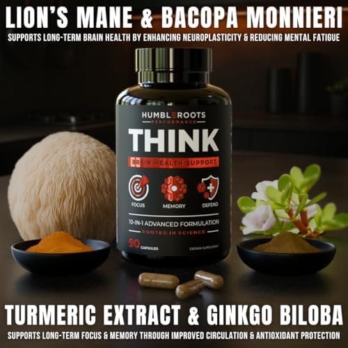 All-Natural Brain Supplement for Memory and Focus - Caffeine-Free Long-Term Cognitive Support - 10 Nootropic Ingredients Including Lion’s Mane, Bacopa, Turmeric, Ginkgo & Huperzine A - 90 Capsules