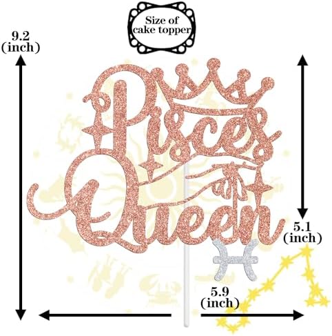Pisces Queen Cake Topper – Big Pisces Energy Zodiac Sign Birthday Decor for February & March, Constellation Theme Party Supplies for Women, Rose Gold Glitter Cake Decoration