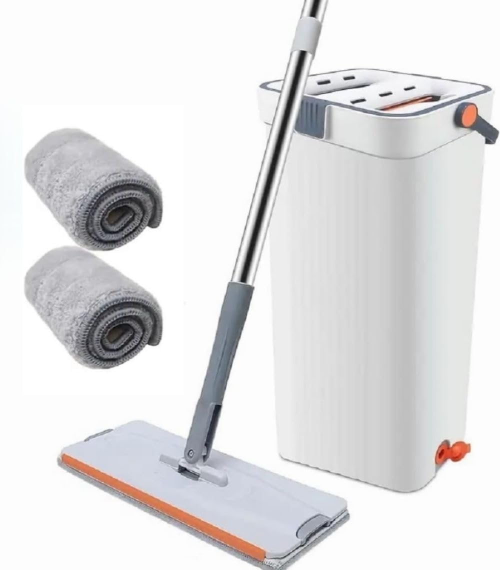 Mop and Bucket Set with Wringer with 2 Microfiber Pads, 360° Rotatable Flat Mops for Floor and Windows Cleaning, Cleaner with 60'' Long Handle, Hands Free Hardwood Floor Mop, Wet and Dry Use Orange