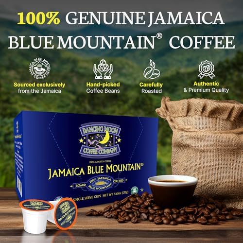 Dancing Moon Coffee Pods - 100% Jamaica Blue Mountain Medium Roast - K-Cup Compatible Keurig Coffee Pods - Small-Batch Crafted, Supports Military Charity - 12 Cups