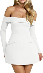 XXTAXN Women's Formal Sexy Off The Shoulder Long Sleeve Cocktail Back Zipper Mini Dress with Pocket