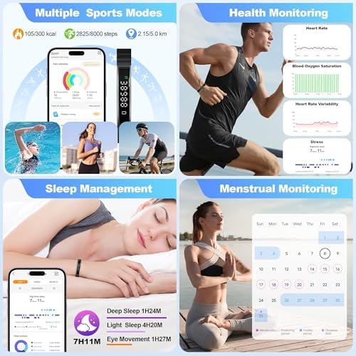Smart Bracelet for Women, Health Activity Fitness Trackers, 24/7 Heart Rate, Blood Oxygen & Stress Monitor, 24H Sleep Tracker, Smart Wristband with Free APP 2 Bands, Black